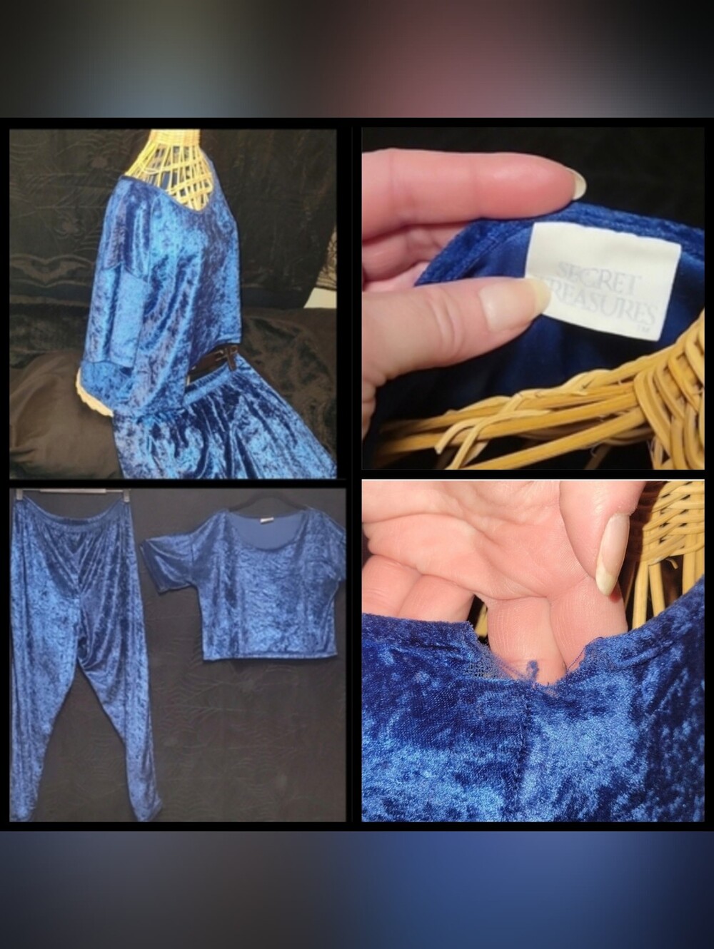 Vtg 90s Secret Treasures  blue sateen crop top High Waist Pant loungewear set L - Picture 6 of 17